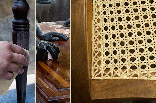 Sanding a turned leg, hand-rubbing a finish, and a finished cane seat.
