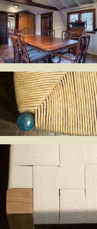 A restored dining table and chairs, a rush seat detail, and a woven webbing detail.