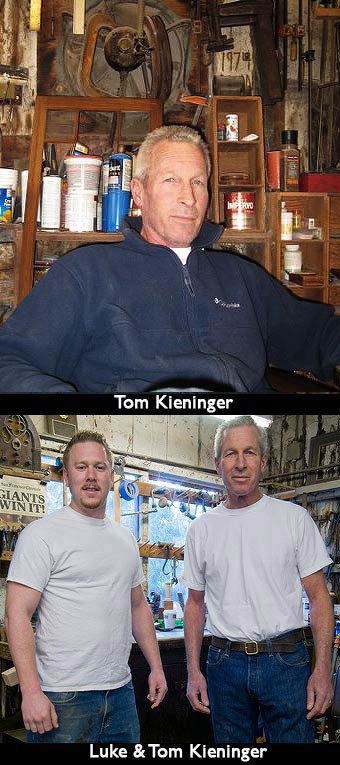 Tom Kieninger seated in the workshop, and Luke and Tom standing at the bench.